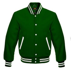 Varsity Jacket, Letterman Baseball Retro Jacket All Wool Dark Green trim rib white