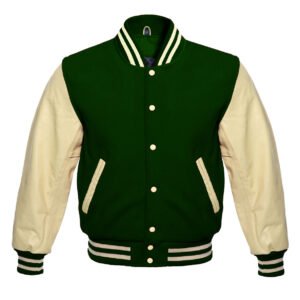 Men’s Dark Green Wool Body and Cream Leather Sleeves Varsity Jacket