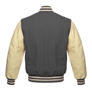 Men’s Dark Gray Wool Body and Cream Leather Sleeves Varsity Jacket