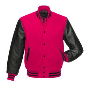 Men’s Hot Pink Wool Body and Black Leather Sleeves Varsity Jacket
